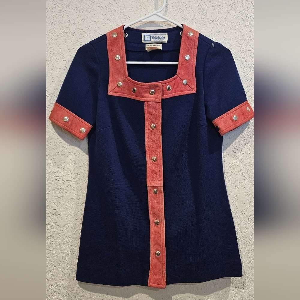 Vintage Genuine Leather Blue Top Size 8 Button Studding 1960's